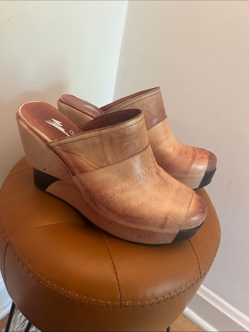 Antelope Tan Leather Wedge Clogs Mule